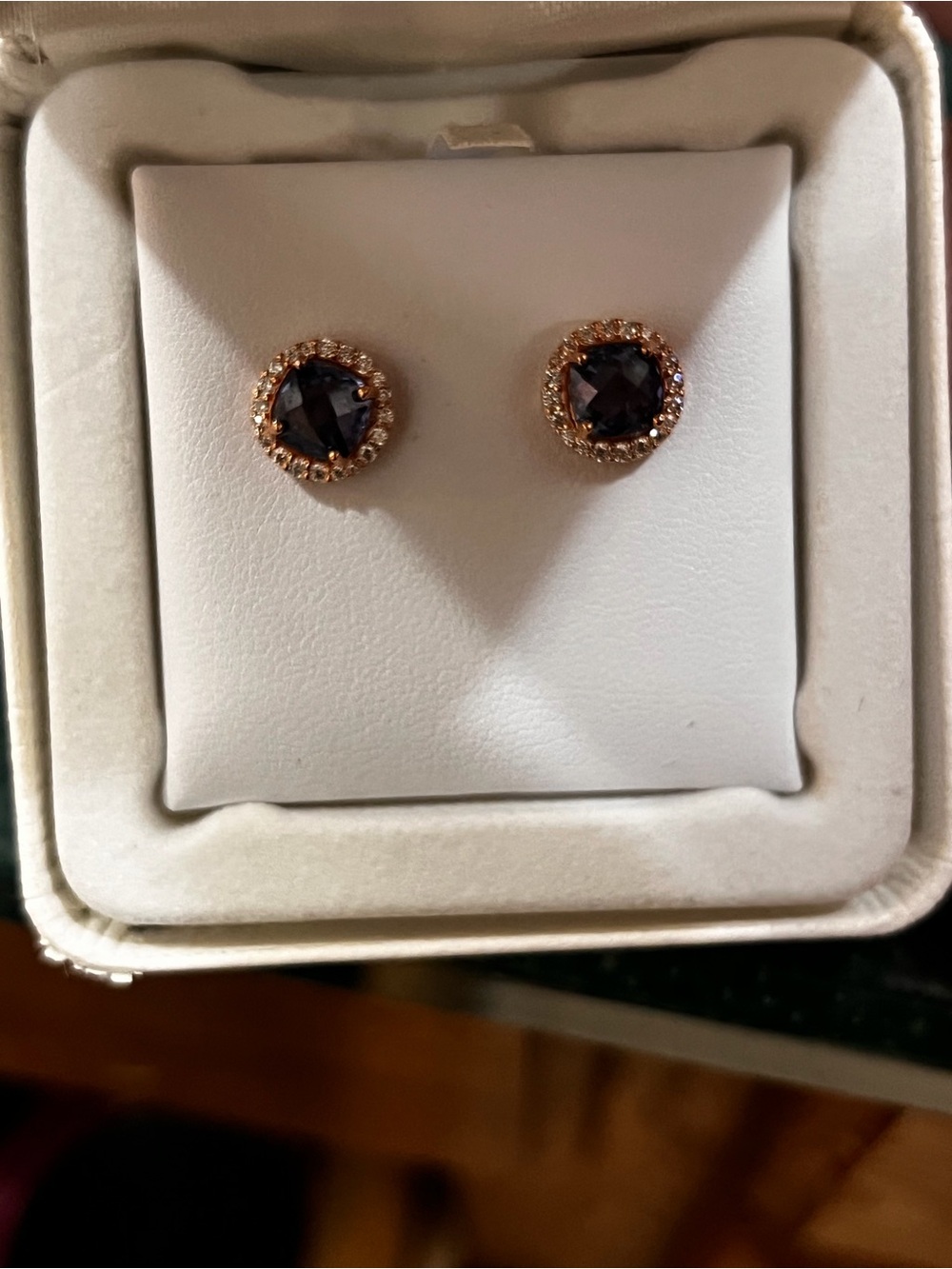 14kRose Gold Halo Stud Earrings with Deep blue Purple Center